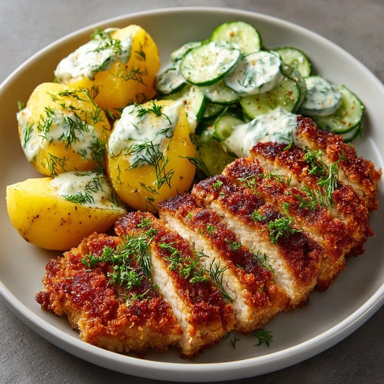 Kotlet schabowy z ziemniakami: Domowy obiad z mięsem, ziemniakami, i świeżą mizerią.