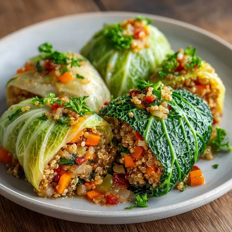 Kremowe Gołąbki z kaszą i warzywami, duszone w sosie pomidorowym, klasyczna polska kuchnia w wydaniu wege.
