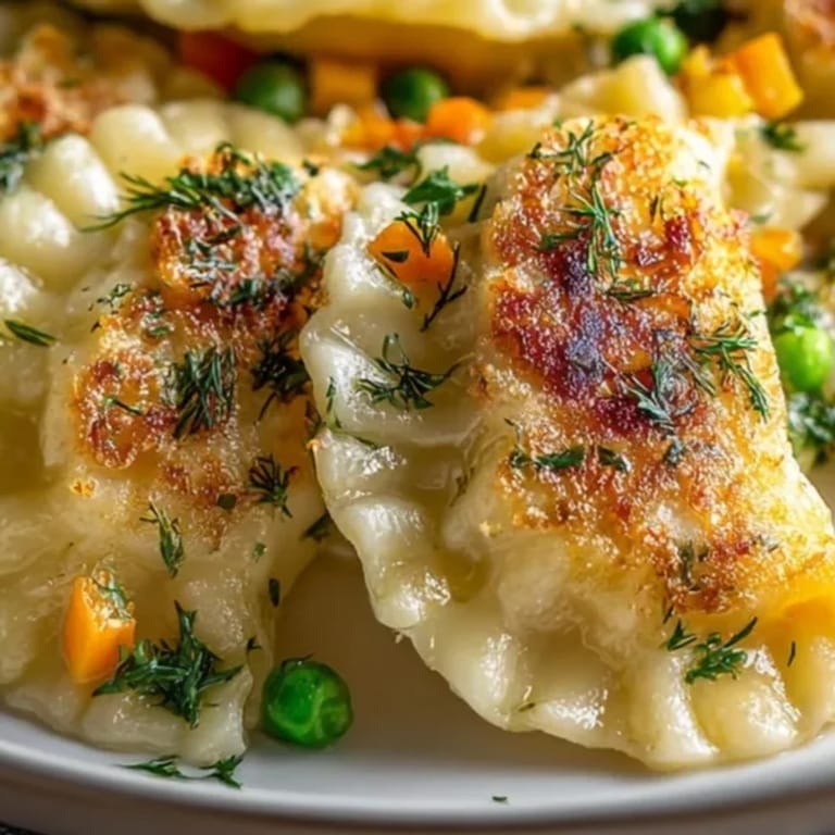 Ziemniaczane i warzywne Vegetable Pierogi podawane z posiekanym koperkiem i rozpływającym się masłem.