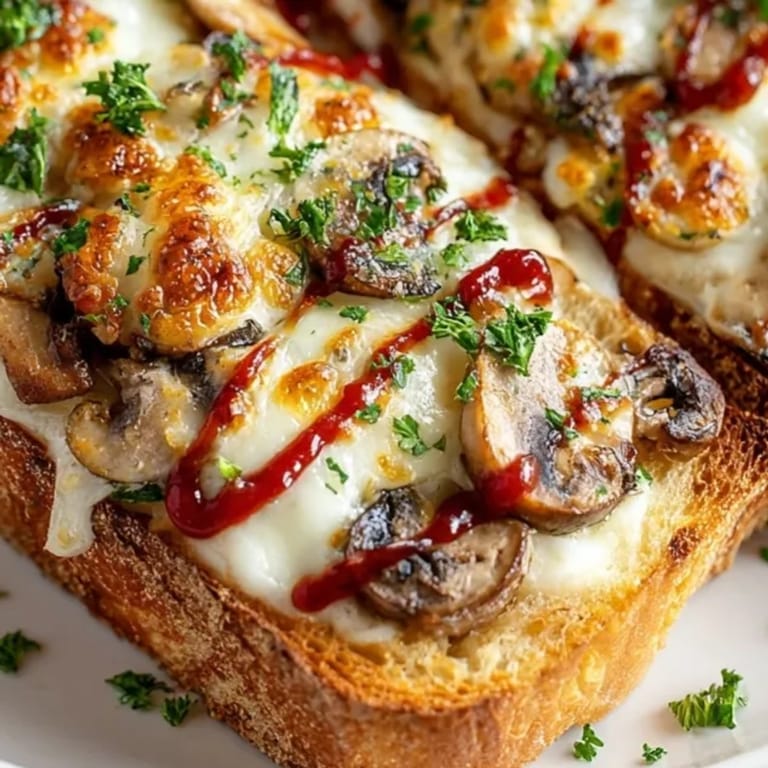 Świeżo upieczona zapiekanka: chrupiący chleb, pieczarki i ciągnący się ser - idealna przekąska.