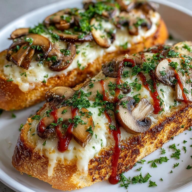 Zapiekanka z bliska: złocisty ser topiący się na pieczarkach i chrupiącej bagietce.
