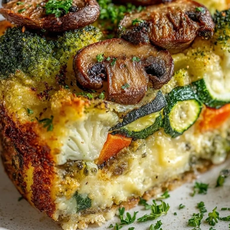 Kremowa zapiekanka warzywna z grzybami, prezentowana na rustykalnym talerzu, gorąca i parująca.