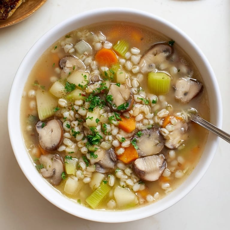 Warm bowl of Polish Mushroom Barley Soup, a comfort food classic perfect for lunch.