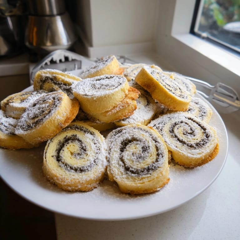 Homemade Christmas Poppy Seed Roll Cookies, sliced, revealing the rich, dark poppy seed filling.