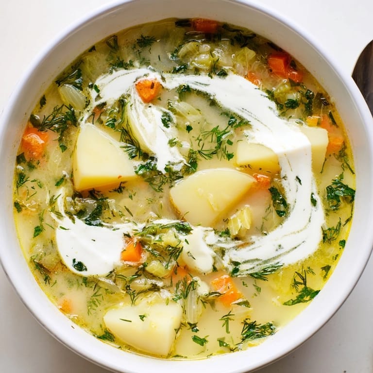 Z domową zupą ogórkową, kremową i pikantną, serwowaną na ciepło z kromką chleba na zakwasie.