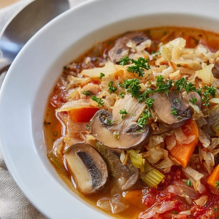 Tangy Sauerkraut and Mushroom Hunter's Stew simmers, a vegetarian comfort food for cold evenings.