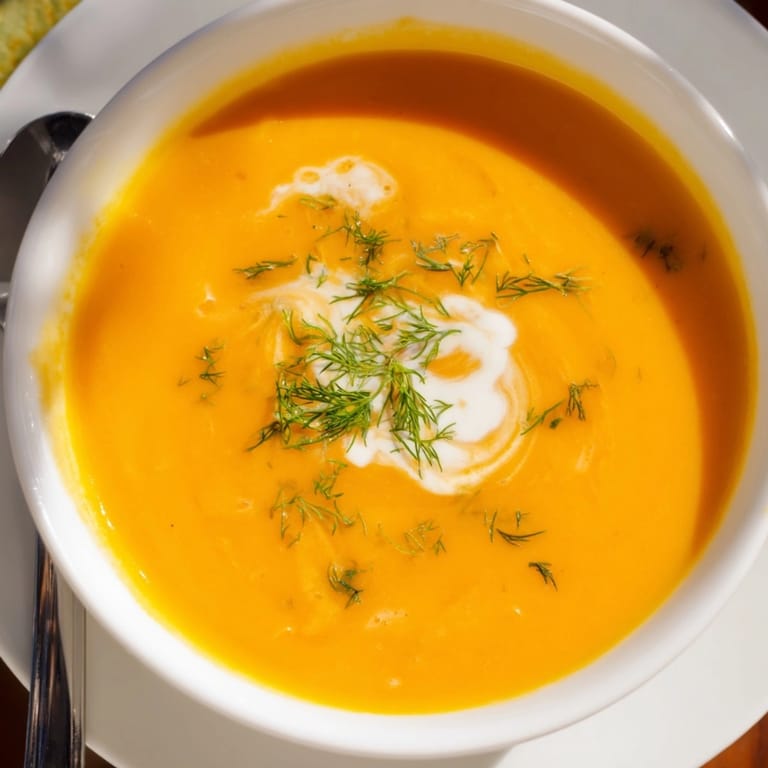 Homemade Polish Carrot Soup: velvety smooth, spiced with marjoram, ready to serve.
