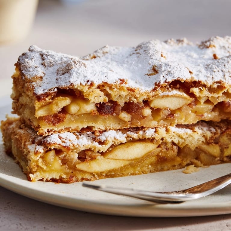 * Golden-brown Rustic Apple Szarlotka, a homemade Polish apple cake, ready for serving.