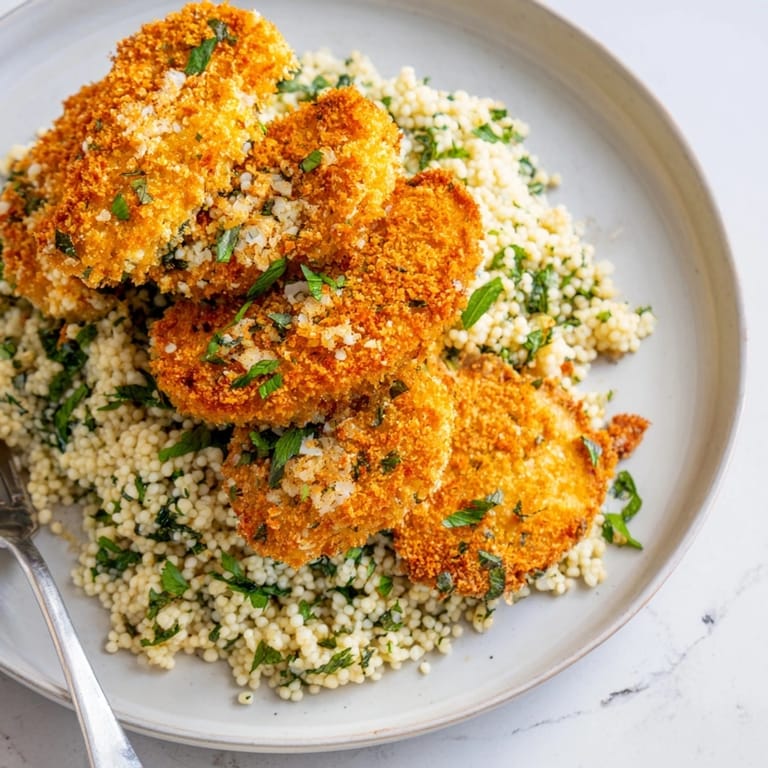 Blisko widok chrupiącego sznycla z selera zanurzonego w pachnącej ziołowej misce kuskusu, gotowego do podania.