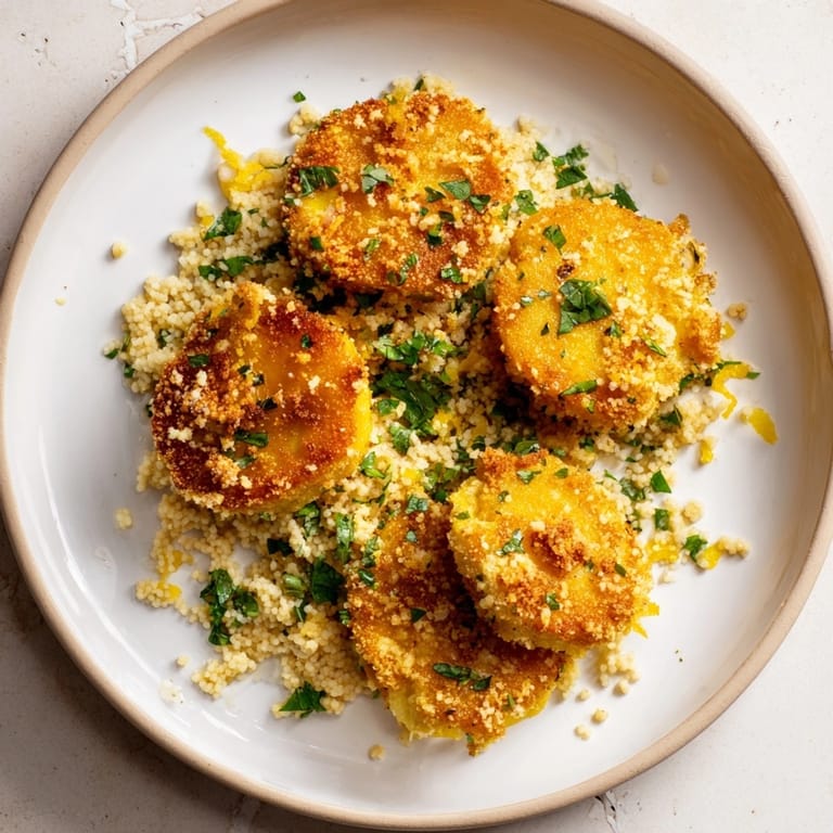 Domowy sznycel z selera z kuskusem, skropionego sokiem z cytryny, gotowy do delektowania się każdą wegetariańską porcją.