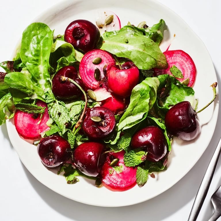 Soczysta sałatka z czereśni i piklowanej rzodkiewki z orzeźwiającym dressingiem, idealna jako letni obiad.