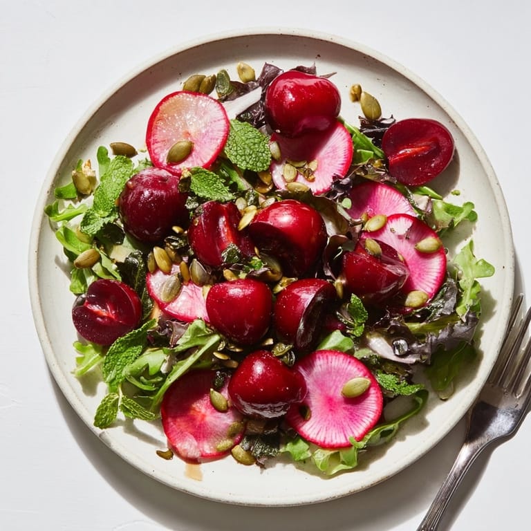 Zbliżenie na sałatkę z czereśni i piklowanej rzodkiewki z wyraźną teksturą i żywymi kolorami.