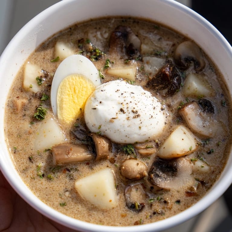Zdjęcie gorącego żurku z grzybami, gotowego do podania, z aromatycznymi ziołami i świeżą śmietaną.