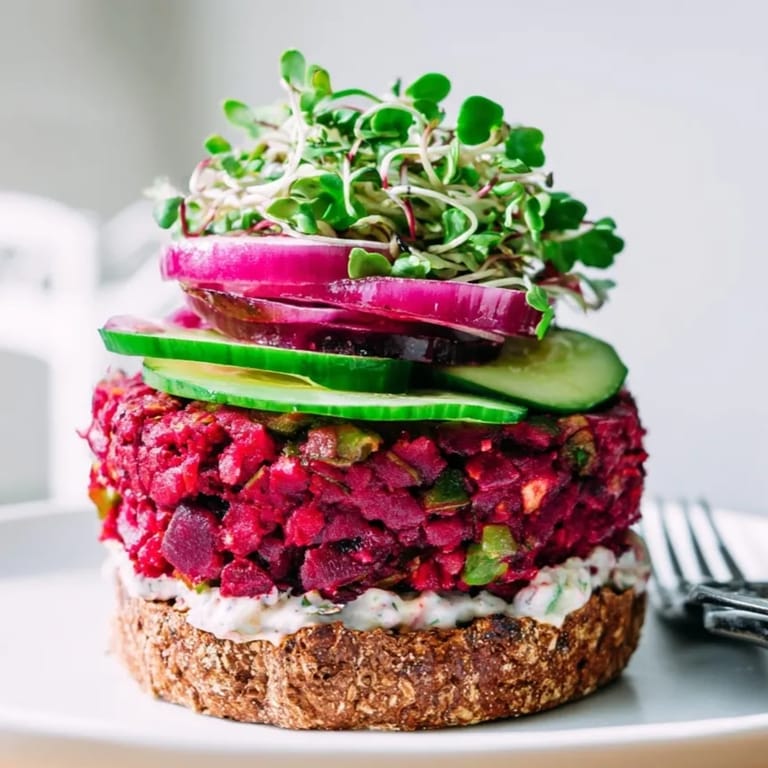 Elevated view: Juicy homemade Beet Burger recipe with creamy, tangy horseradish sauce visible.