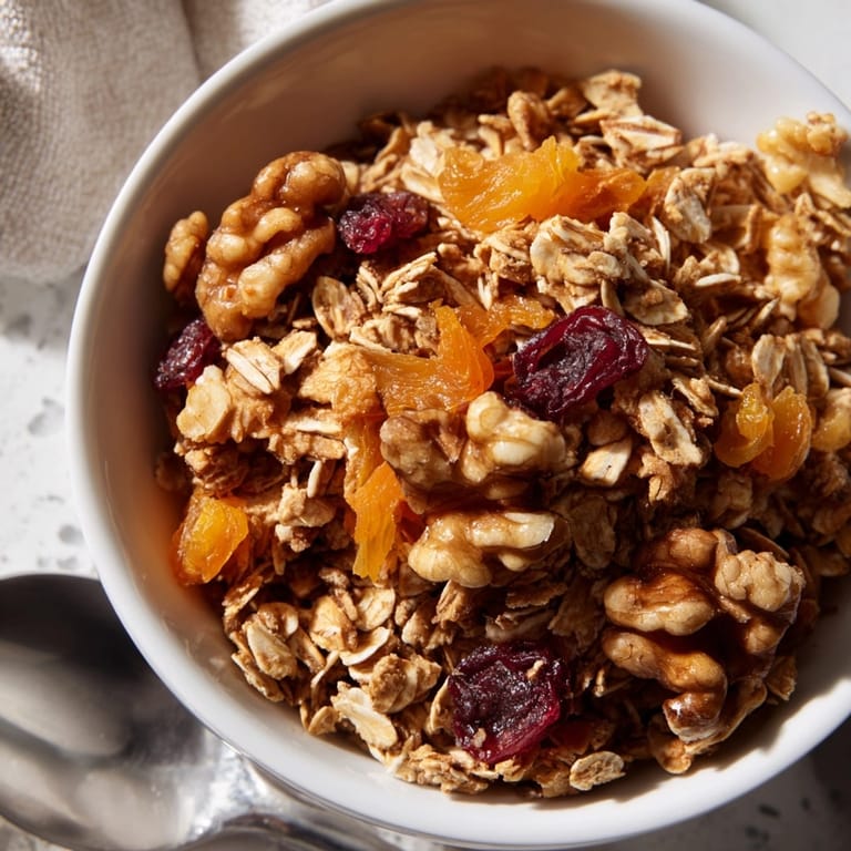 Złocisty, pachnący cynamonem płatek owsiany z suszonymi owocami i orzechami włoskimi, doskonały z mlekiem lub jogurtem.