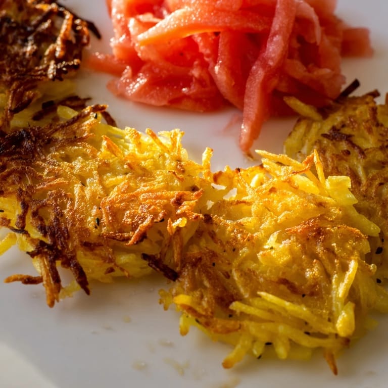 Złociste placki ziemniaczane, tradycyjny przepis z piklowanym arbuzem, idealne skontrastowanie słodkości i wytrawności.