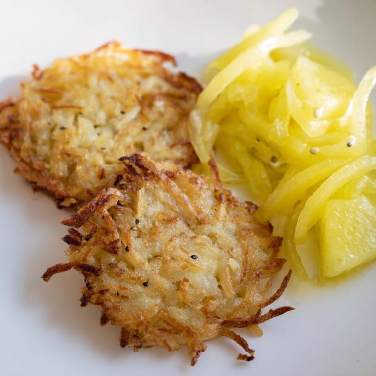 Domowe placki ziemniaczane, podawane na ciepło z piklowanym arbuzem, pysznie chrupiące i apetyczne.