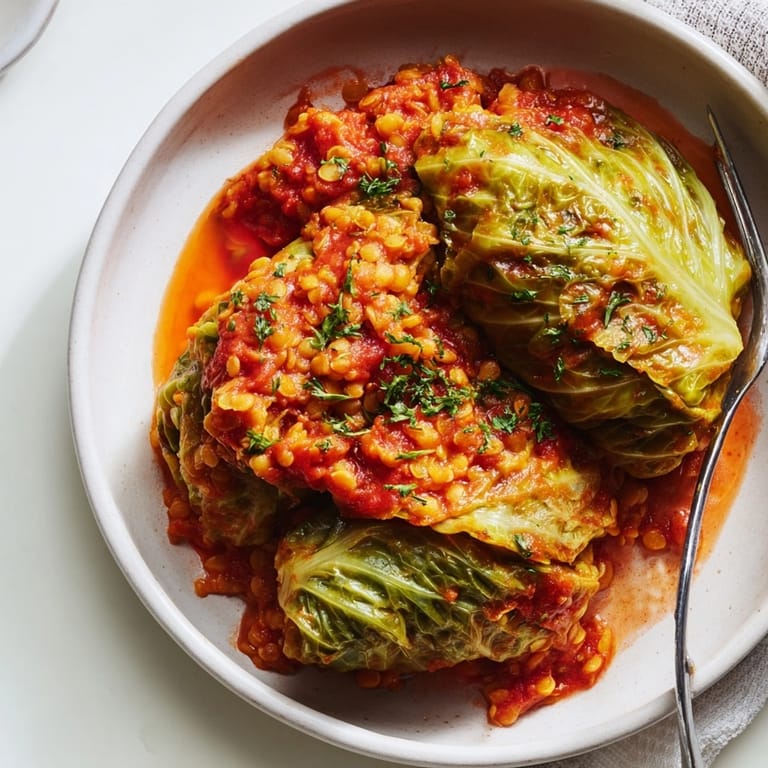 Pyszne, domowe gołąbki wegańskie z soczewicą i sosem pomidorowym, pieczone do złocistego koloru.
