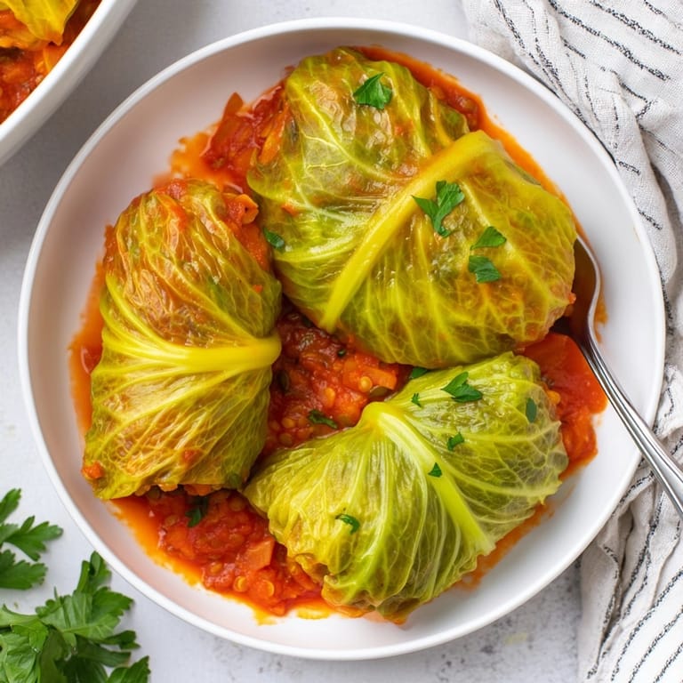 Widok z góry na apetyczne gołąbki wegańskie z soczewicą, gotowe do podania z świeżą pietruszką.