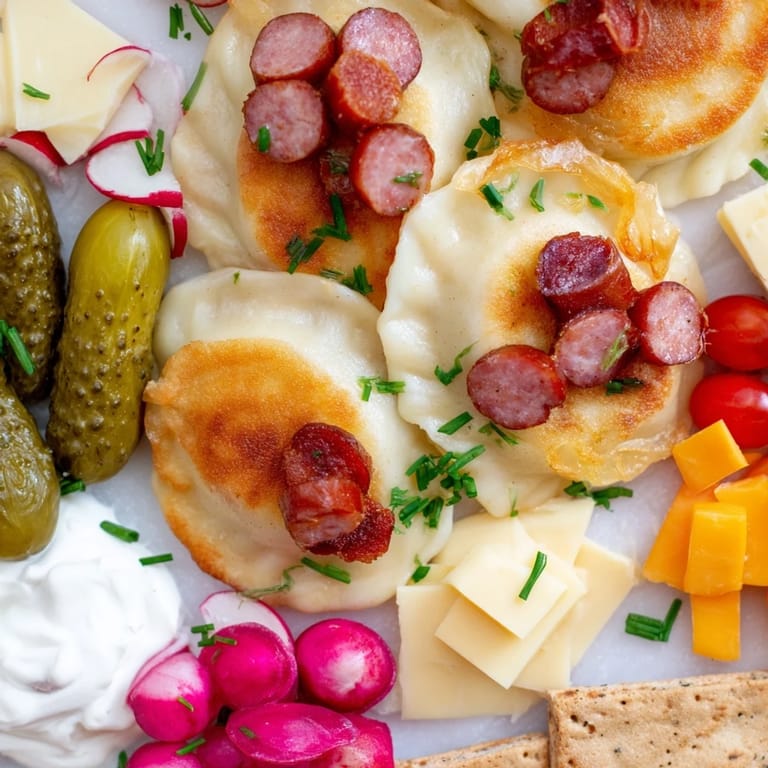 Delectable pierogi charcuterie board featuring fresh dill, meats, and creamy dips.