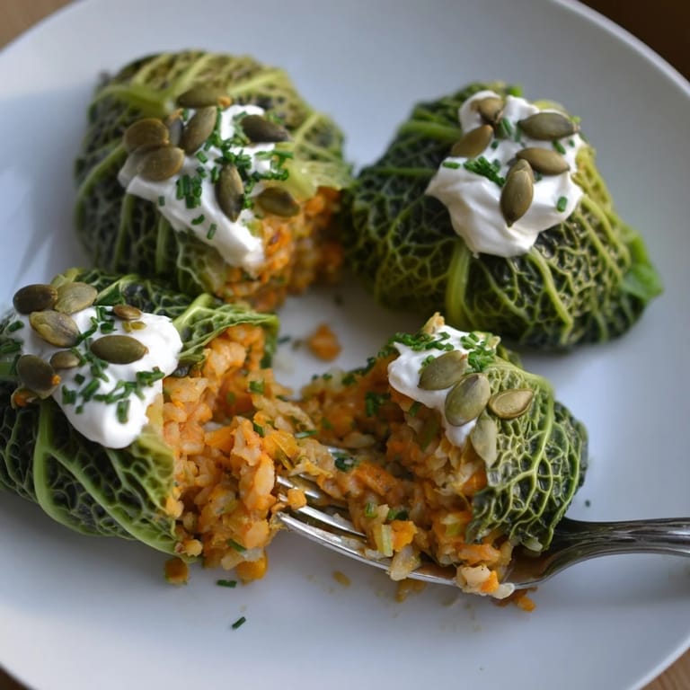 Hearty Miso Pumpkin Golabki Cups topped with sour cream, showcasing a fusion of flavors.