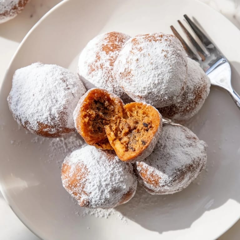 Fried pumpkin poppy seed paczki bites, dusted with powdered sugar for a sweet autumn treat.  