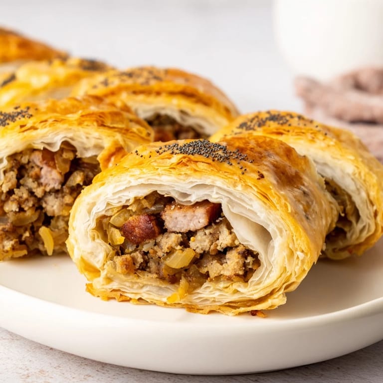 Pyszne Festive Bigos Puff Pastry Rolls z nadzieniem z kapusty i mięsa, doskonałe na zimowe wieczory.