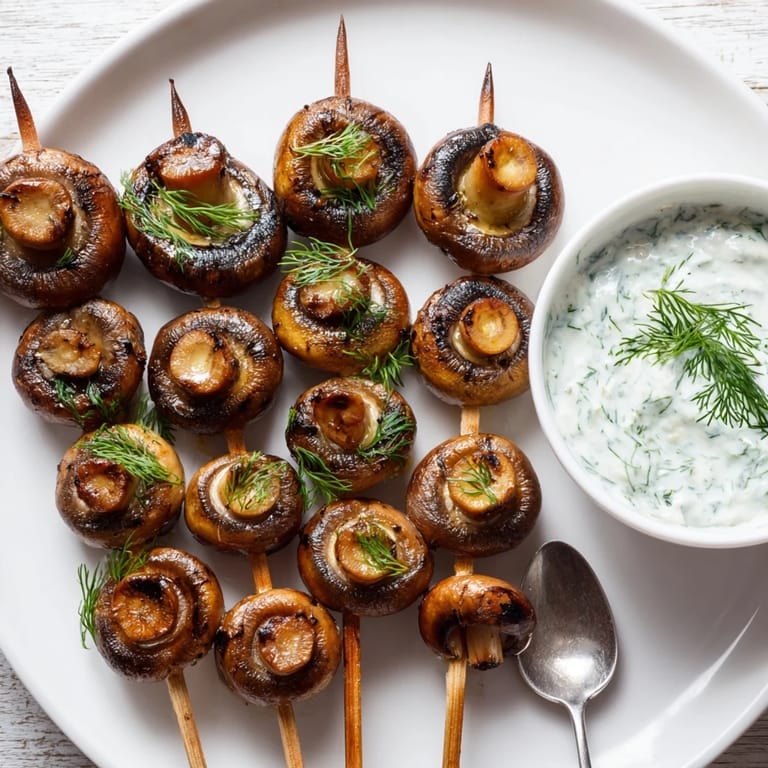 Pyszne i soczyste grzybki na skewers, serwowane z kremowym dipem ogórkowym.  