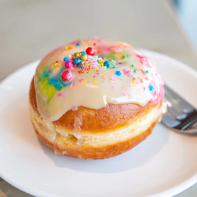 Whimsical chaos paczki donuts bursting with cream soda flavor and colorful glaze.