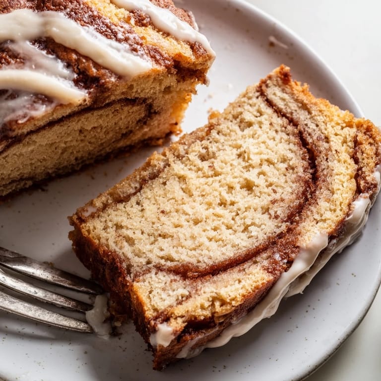 Kolorowy Eggnog Placki Pancake Cinnamon Loaf z cynamonowym wirkiem, doskonały na świąteczne spotkania.
