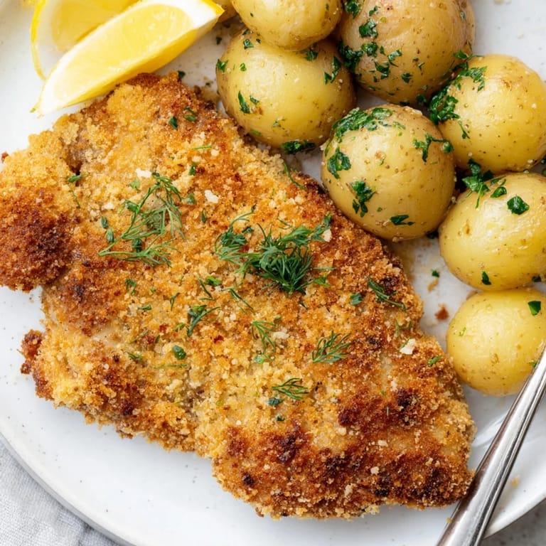 Soczyste filety drobiowe z chrupiącą panierką, podane z koperkowymi ziemniakami.  