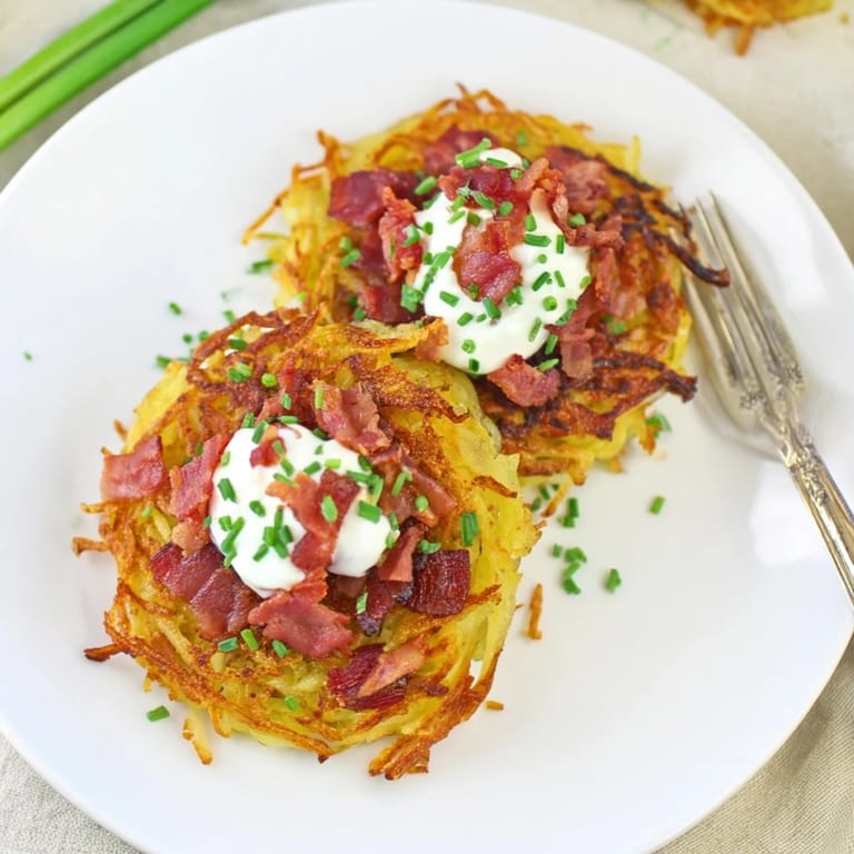 Golden potato pancakes topped with smoky bacon and tangy sour cream delight.  