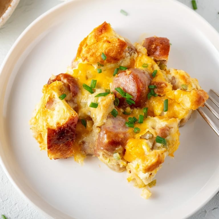 Sycąca zapiekanka z kielbasy i sera, doskonała na leniwe poranki.