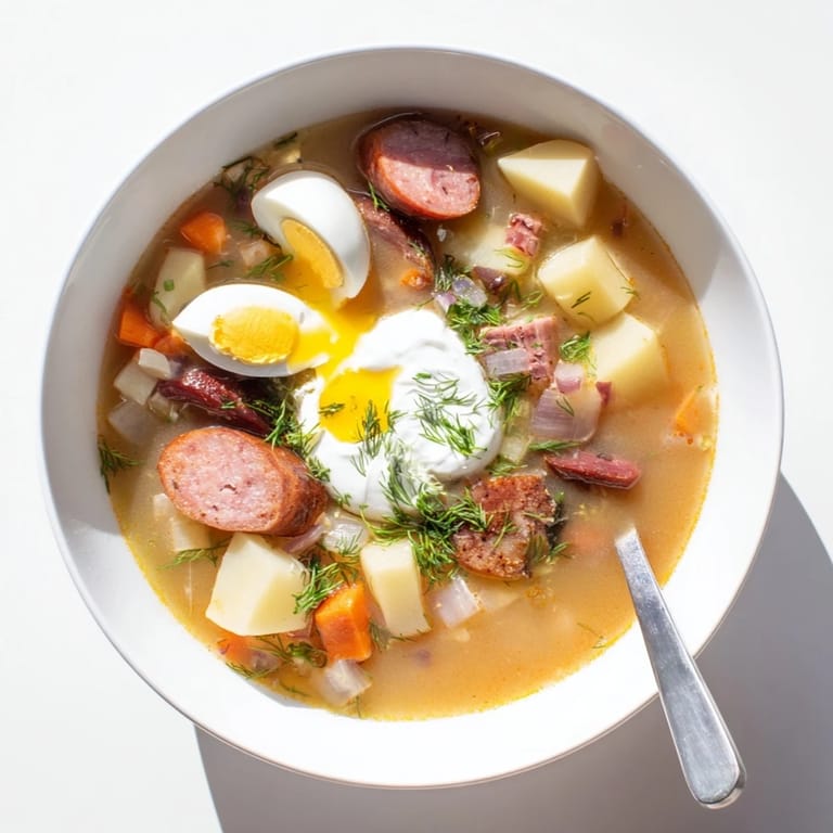 Aromatyczna zupa żurek z ziemniakami, kiełbasą i kremową śmietaną na talerzu.