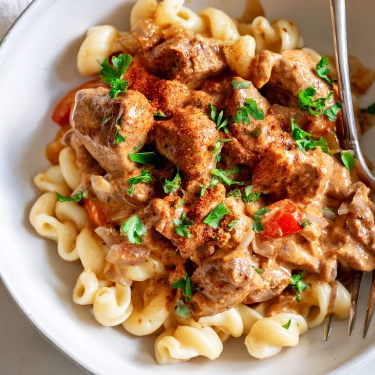 Pyszny kurczak paprikash w aksamitnym sosie, podany z makaronem i natką.