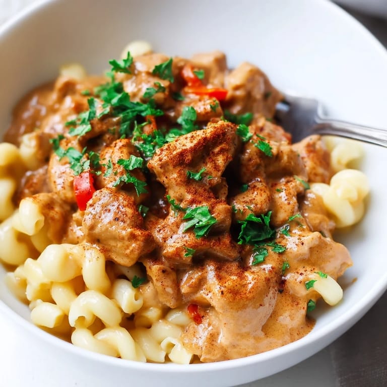 Kolorowe warzywa w sosie paprikash z soczystym kurczakiem na makaronie.  