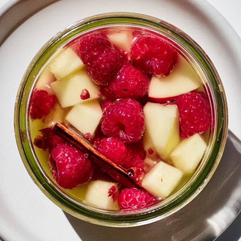 Jasno kolorowy kompot jabłkowo-malinowy, doskonały jako orzeźwiający napój na gorące dni.  