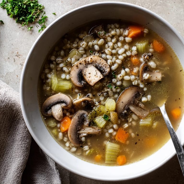 Obfita zupa grzybowa z jęczmieniem, idealna na ciepłe, komfortowe posiłki.  