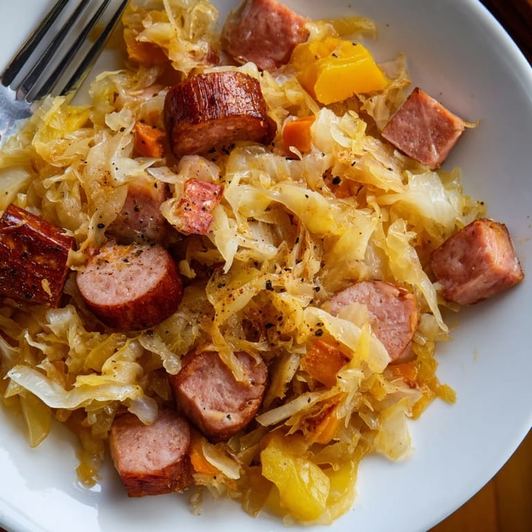 Soczysta kiełbasa z kapustą kwaśną, duszona z jabłkiem dla dodatkowej słodyczy.  