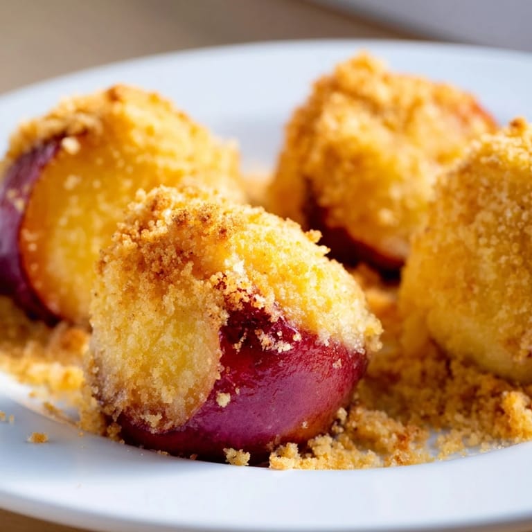 Pyszne plum dumplings zanurzone w maślanej bułce i aromatycznych przyprawach.