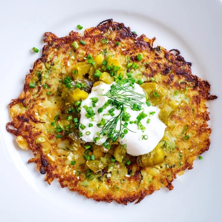 Golden-brown Chaotic Potato Pancakes with 5 Types of Pickles, ready for a delicious Polish meal.
