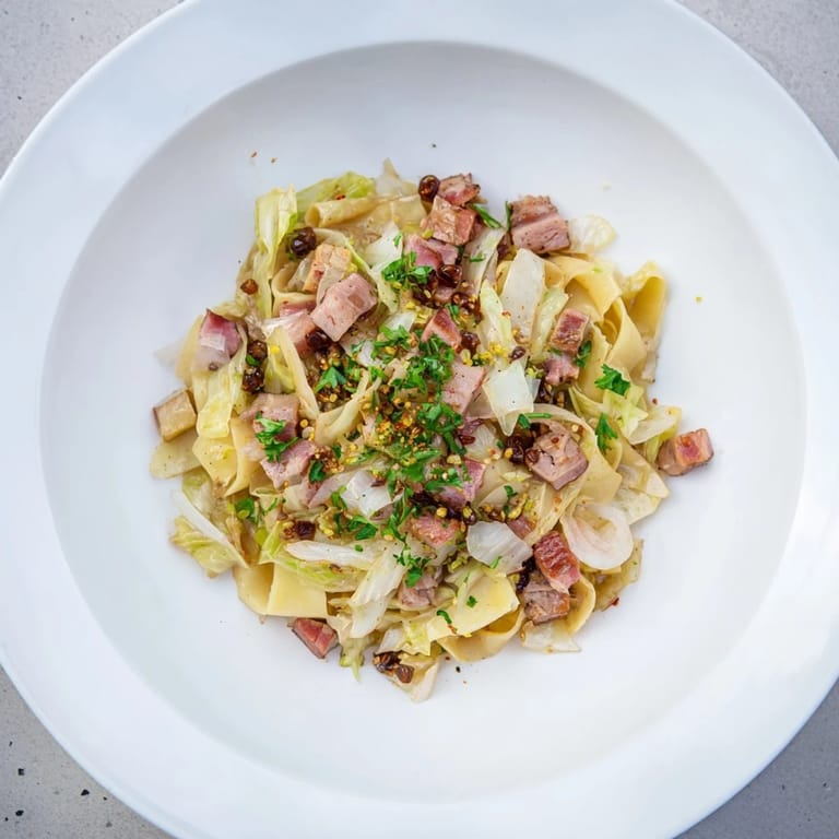 Pyszne łazanki z mięsem i wiśniami, z widocznymi kawałkami wieprzowiny i suszonych owoców.