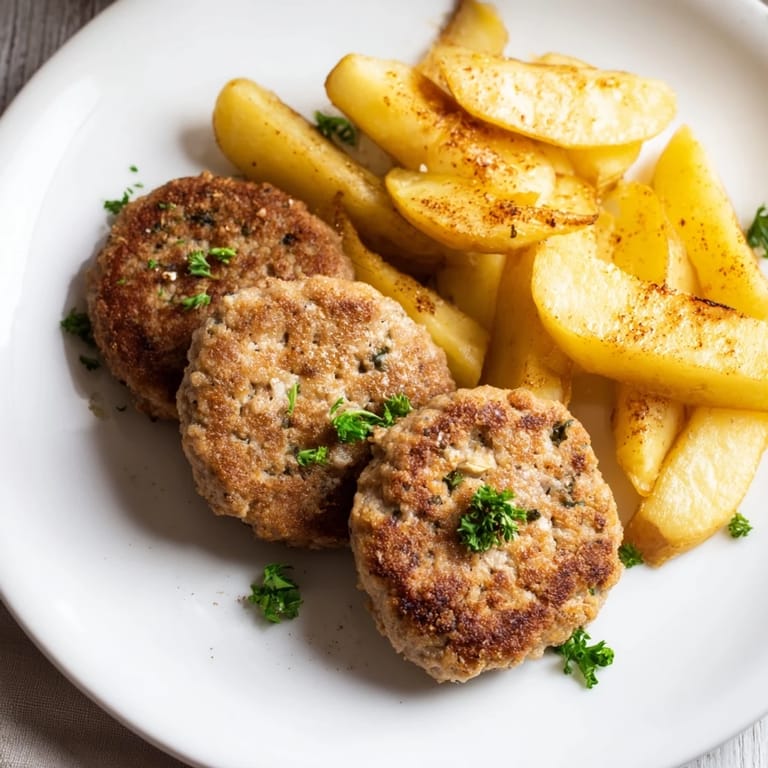 Juicy Chaotic Polish Meat Patties sit beside seasoned, baked fries for a flavorful meal.