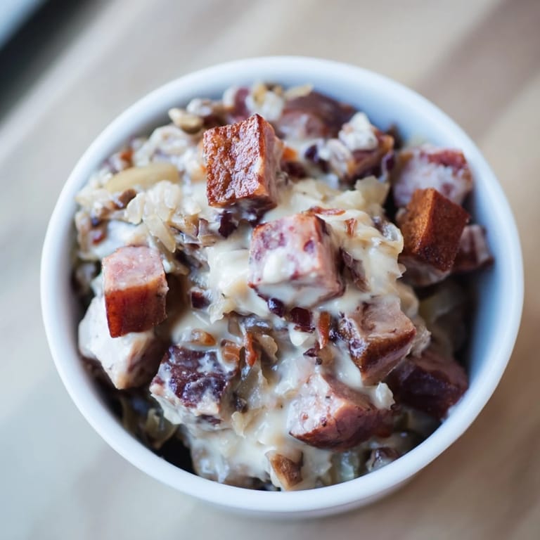 Delicious aroma rising from the simmering Bigos Polowy, topped with a creamy, silky sauce, a Polish classic.