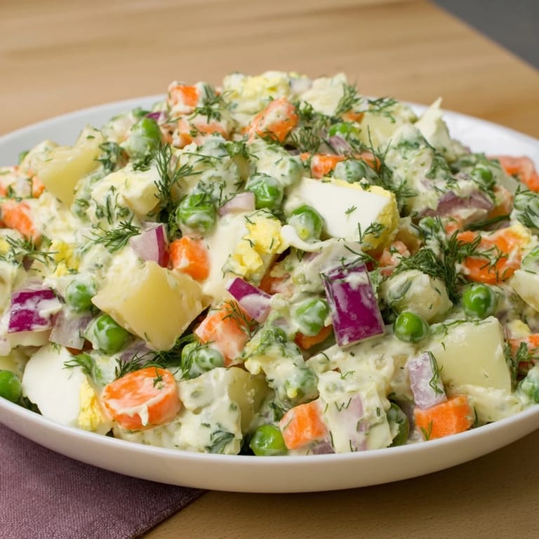 Apetyczna sałatka warzywna po polsku, z chrupiącymi warzywami i gęstym, kremowym kefirem Rococo.