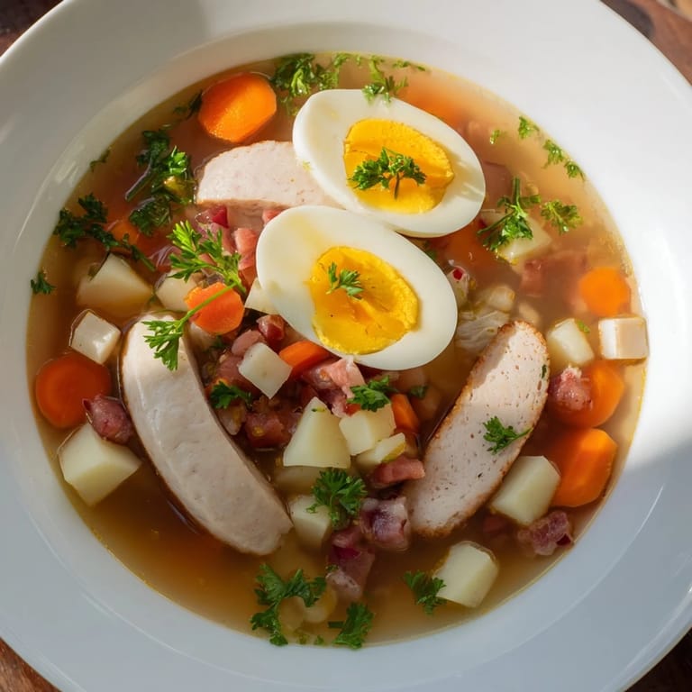  Aromatyczna, gorąca miska żuru tradycyjnego, gotowa do spożycia z plasterkami jajek i natką pietruszki.