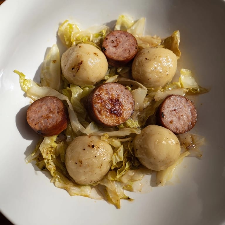 Steaming image of kopytka served alongside fried cabbage and savory kielbasa sausage.