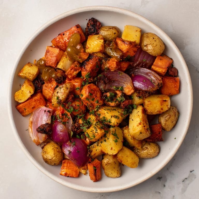 Golden-brown Winter Root Vegetable Hash with smashed pickles, showcasing roasted root vegetables and herbs.
