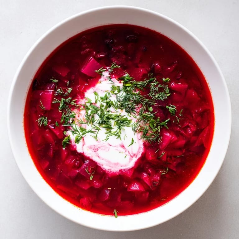 A hearty bowl of Beetroot Borscht topped with fluffy coconut cream and fresh dill.