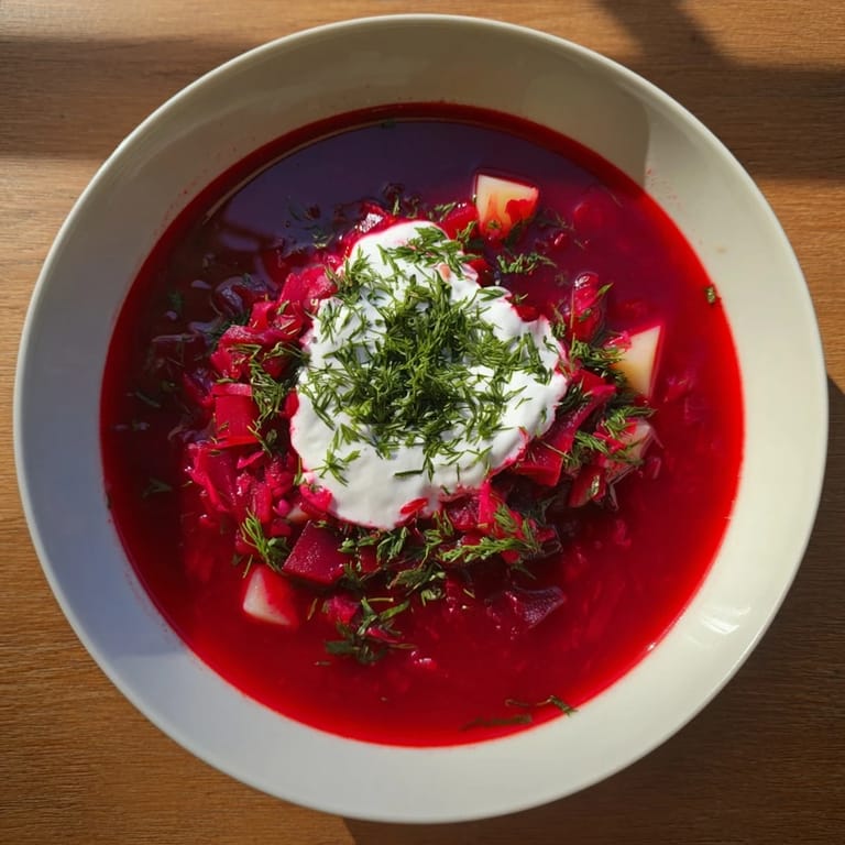 Earthy, rich Beetroot Borscht is a flavorful vegan soup with a bright red hue.